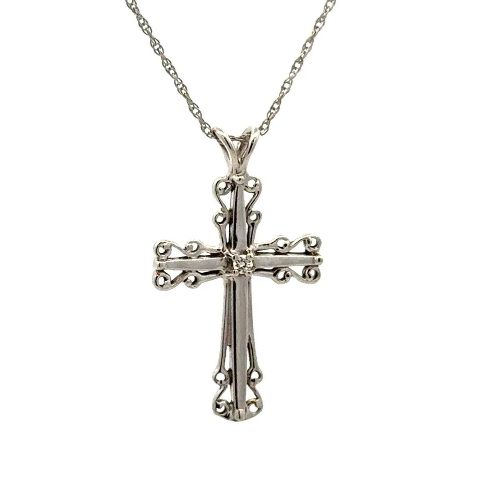 Beautiful 14K White Gold Diamond Solitaire Holy Cross Scroll Pendant Necklace - Picture 3 of 11